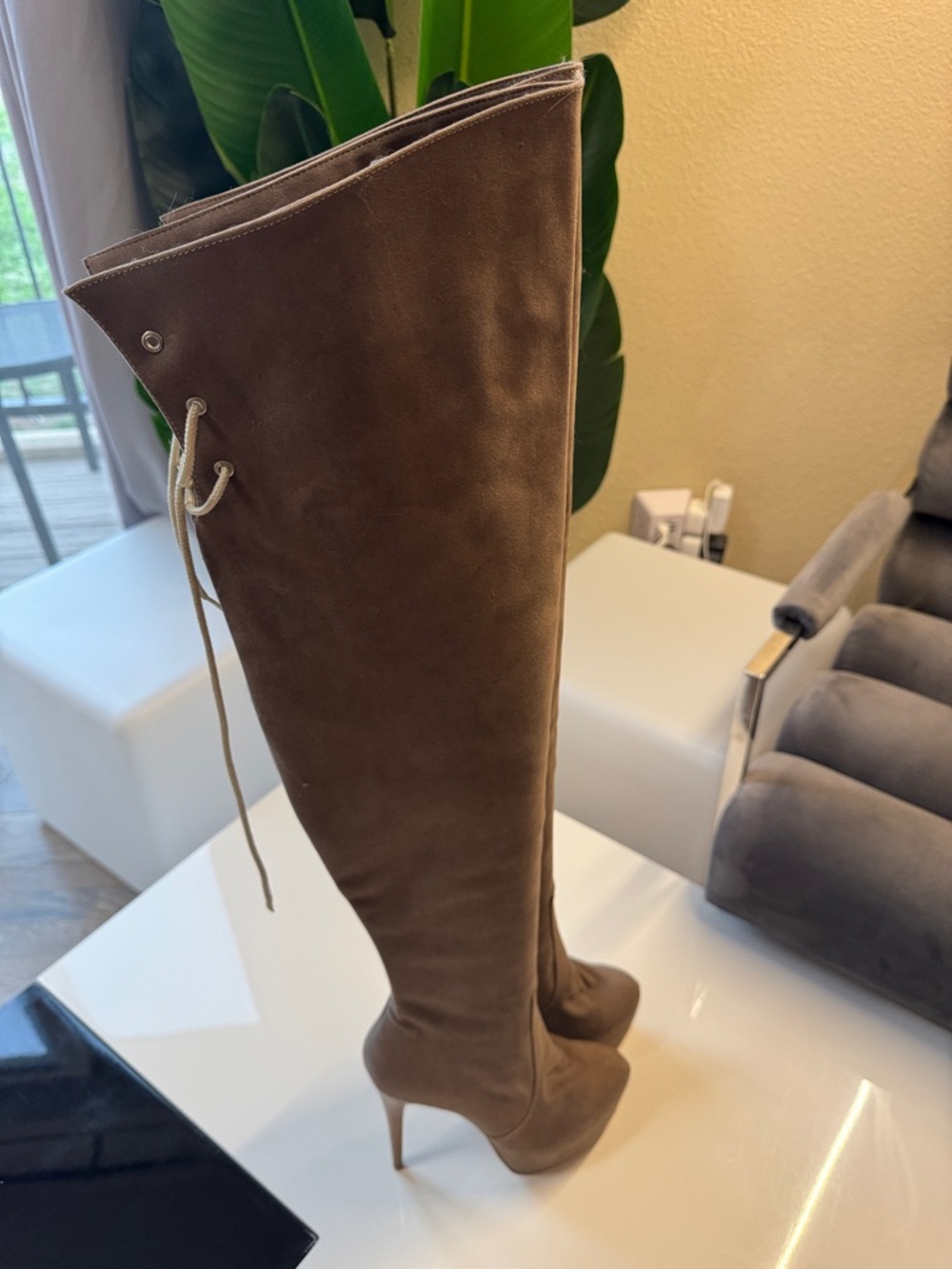 Tajna Women’s Taupe Over-the-Knee Platform Stiletto Boots 6.5” Heel - Picture 3 of 8